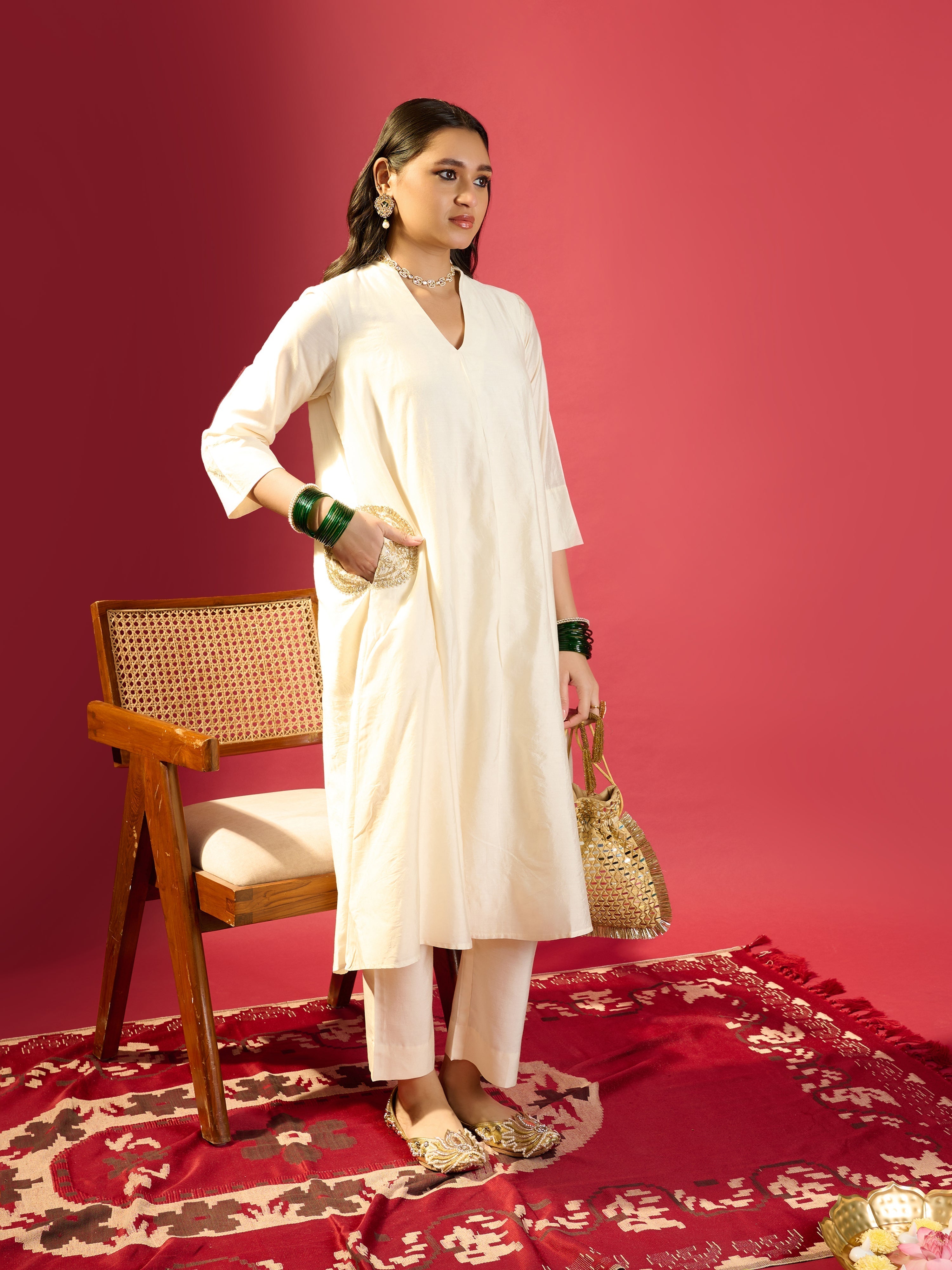 Off-White Gota Pocket Kurta Set