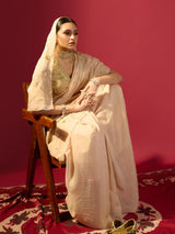 Beige Floral Jaal Saree With Stripe Tissue Blouse