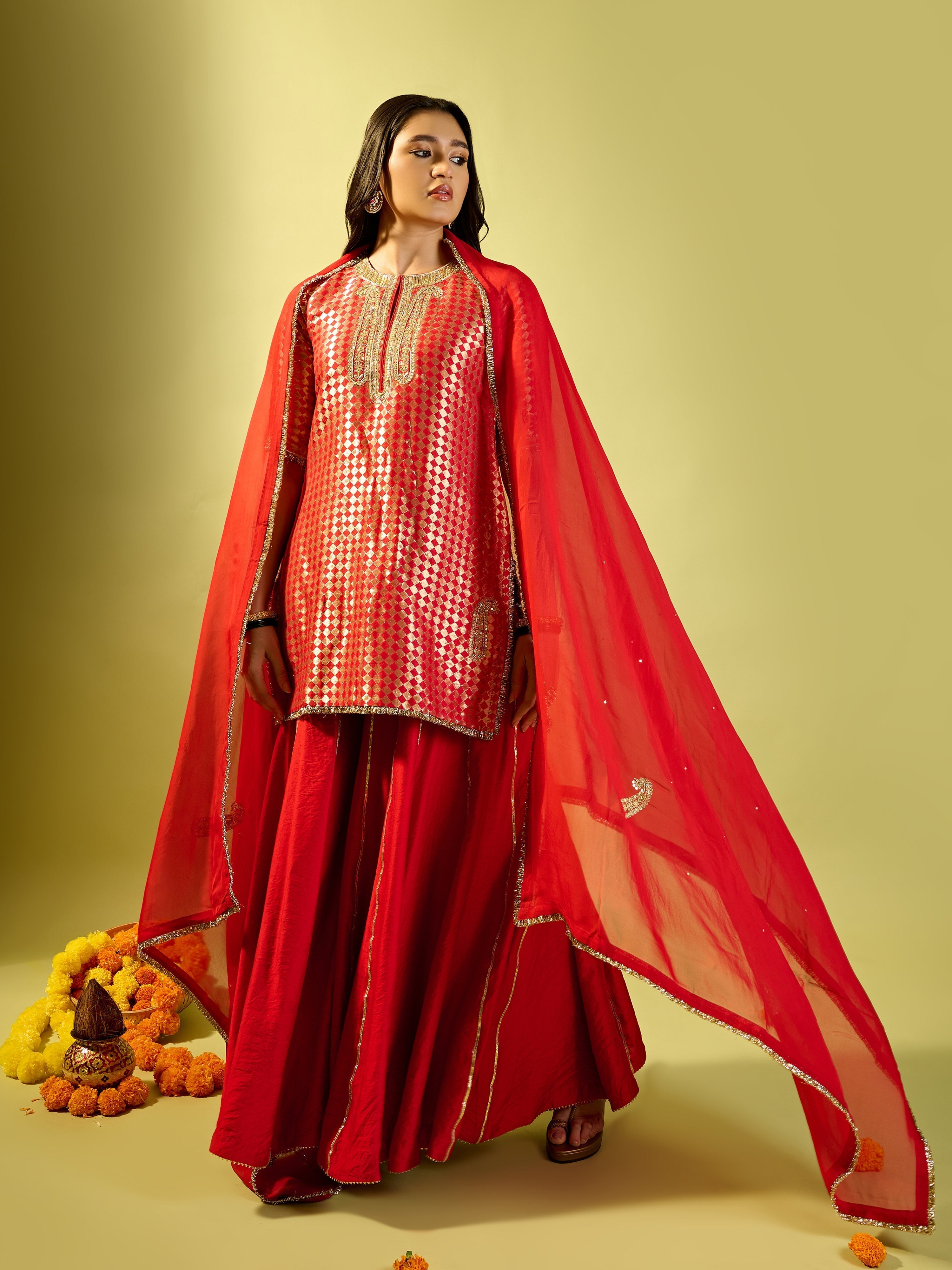 Red Barfi Kurta Palazzo Set
