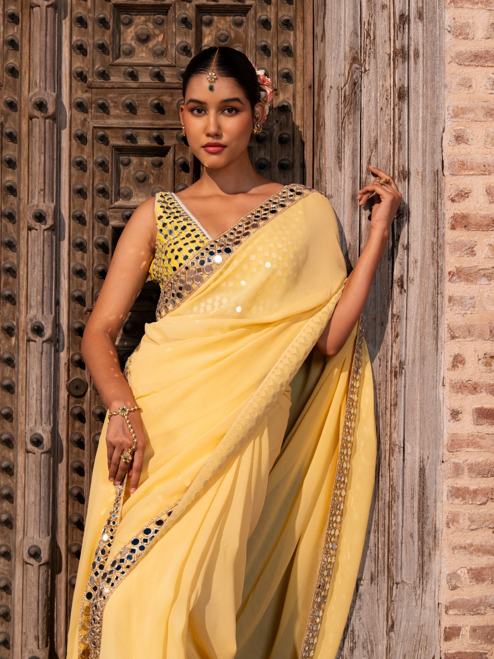 Butter Yellow Pure Georgette Handloom Mirror Work Saree