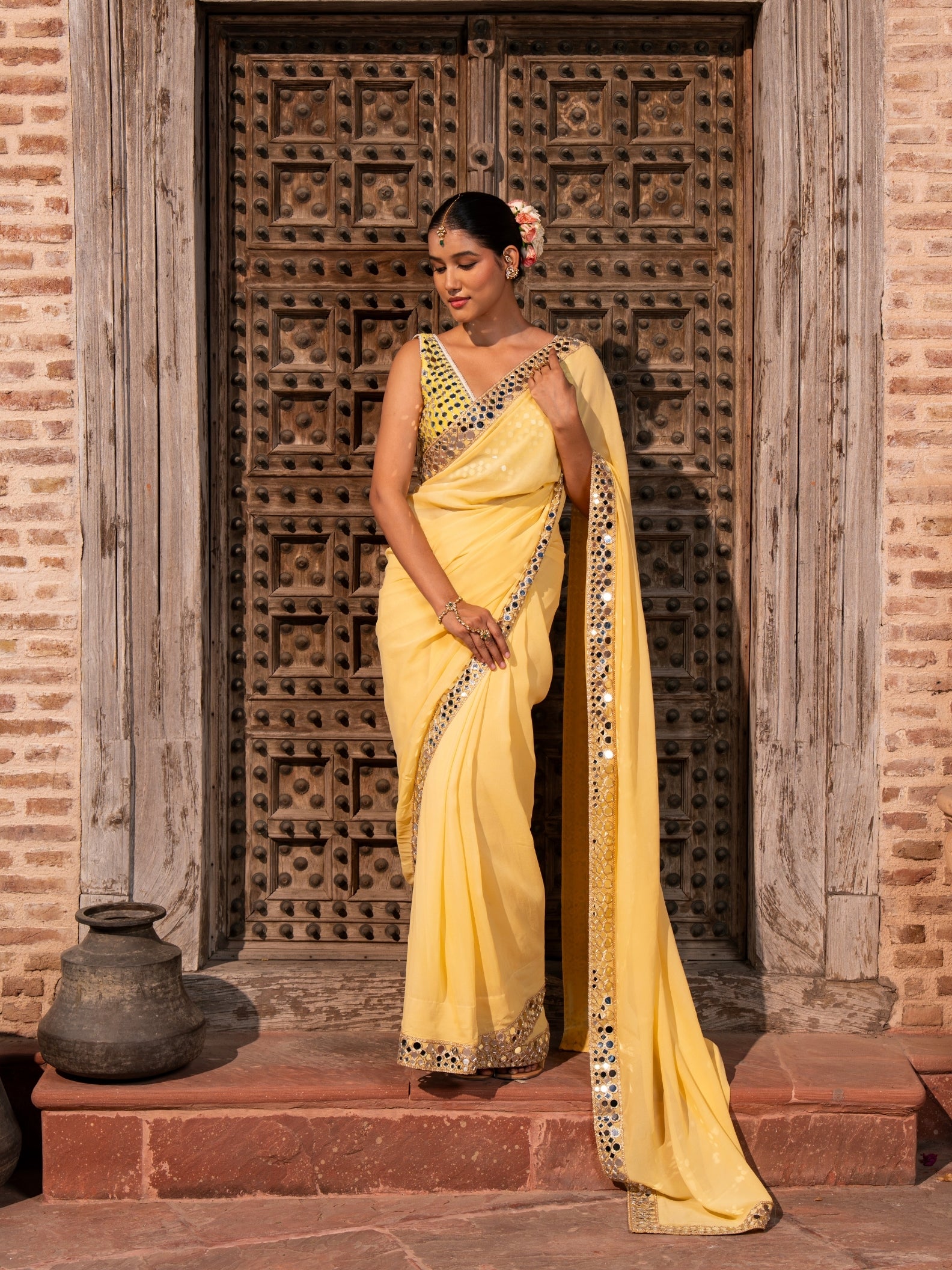 Butter Yellow Pure Georgette Handloom Mirror Work Saree