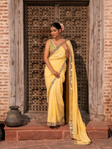 Butter Yellow Pure Georgette Handloom Mirror Work Saree