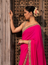 Fuchsia Pink Pure Georgette Handloom Mirror Work Saree