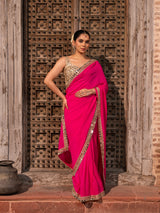 Fuchsia Pink Pure Georgette Handloom Mirror Work Saree