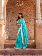 Sky Blue Pure Georgette Handloom Gota Patti Saree