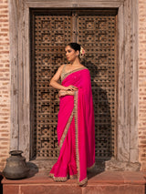 Fuchsia Pink Pure Georgette Handloom Mirror Work Saree