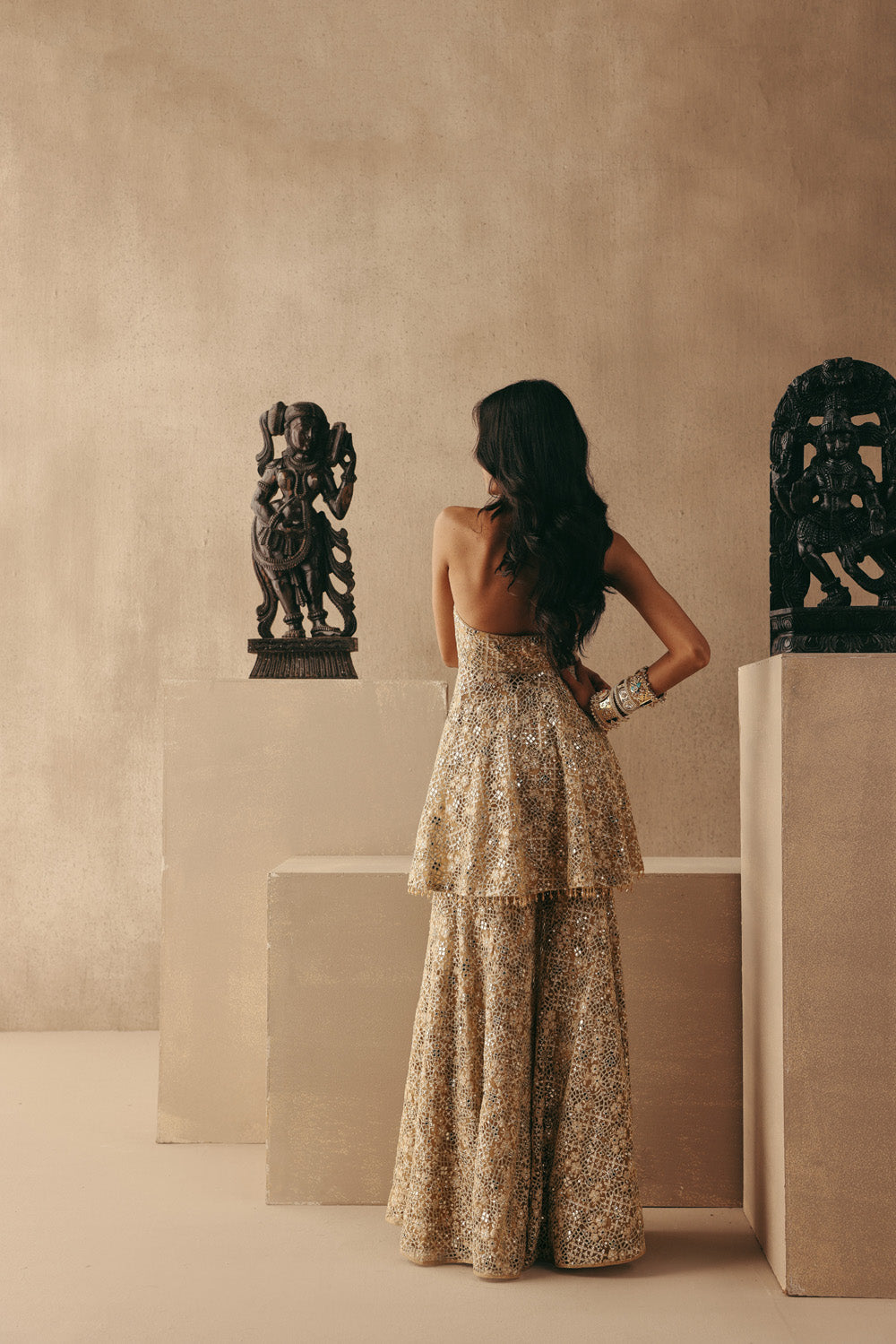 MIRRORWORK BACKLESS PEPLUM TOP
