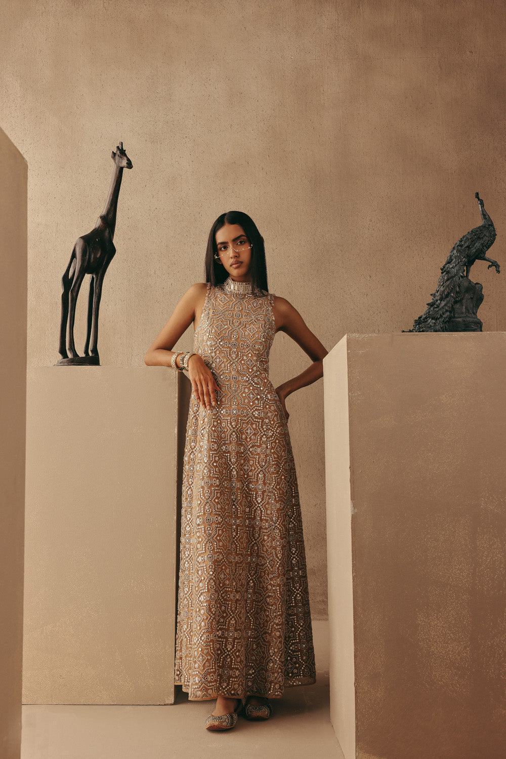 MIRRORWORK HI NECK LONG BACKLESS DRESS