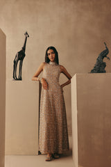 MIRRORWORK HI NECK LONG BACKLESS DRESS