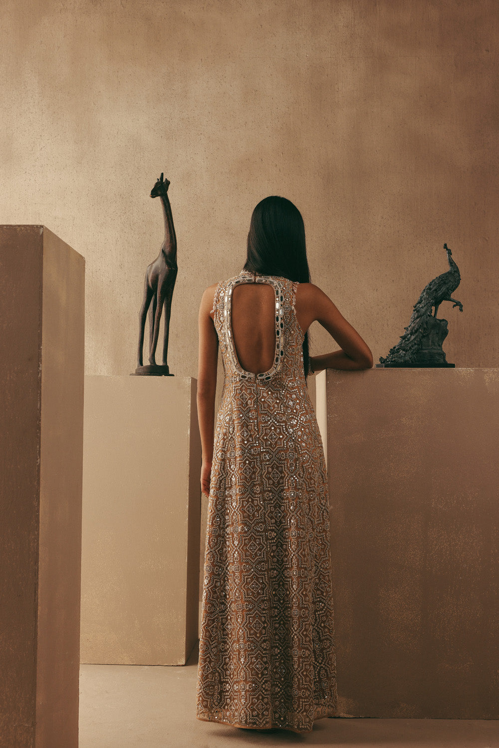 MIRRORWORK HI NECK LONG BACKLESS DRESS