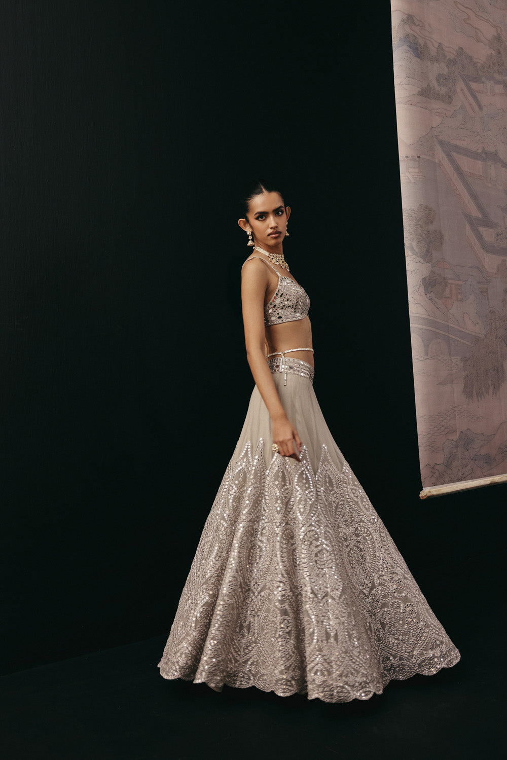 SILVER ZARI MIRRORWORK LEHENGA