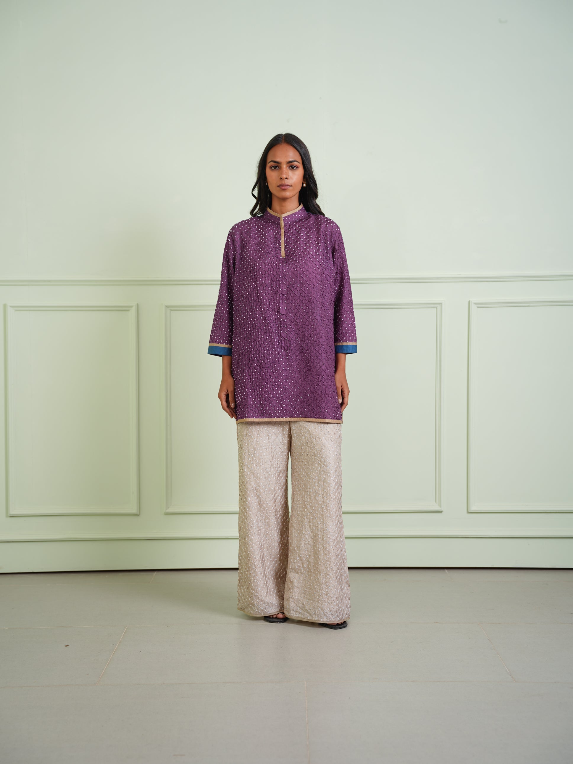 CRUSHED BANDHANI COLOR BLOCK KURTA SHIRT