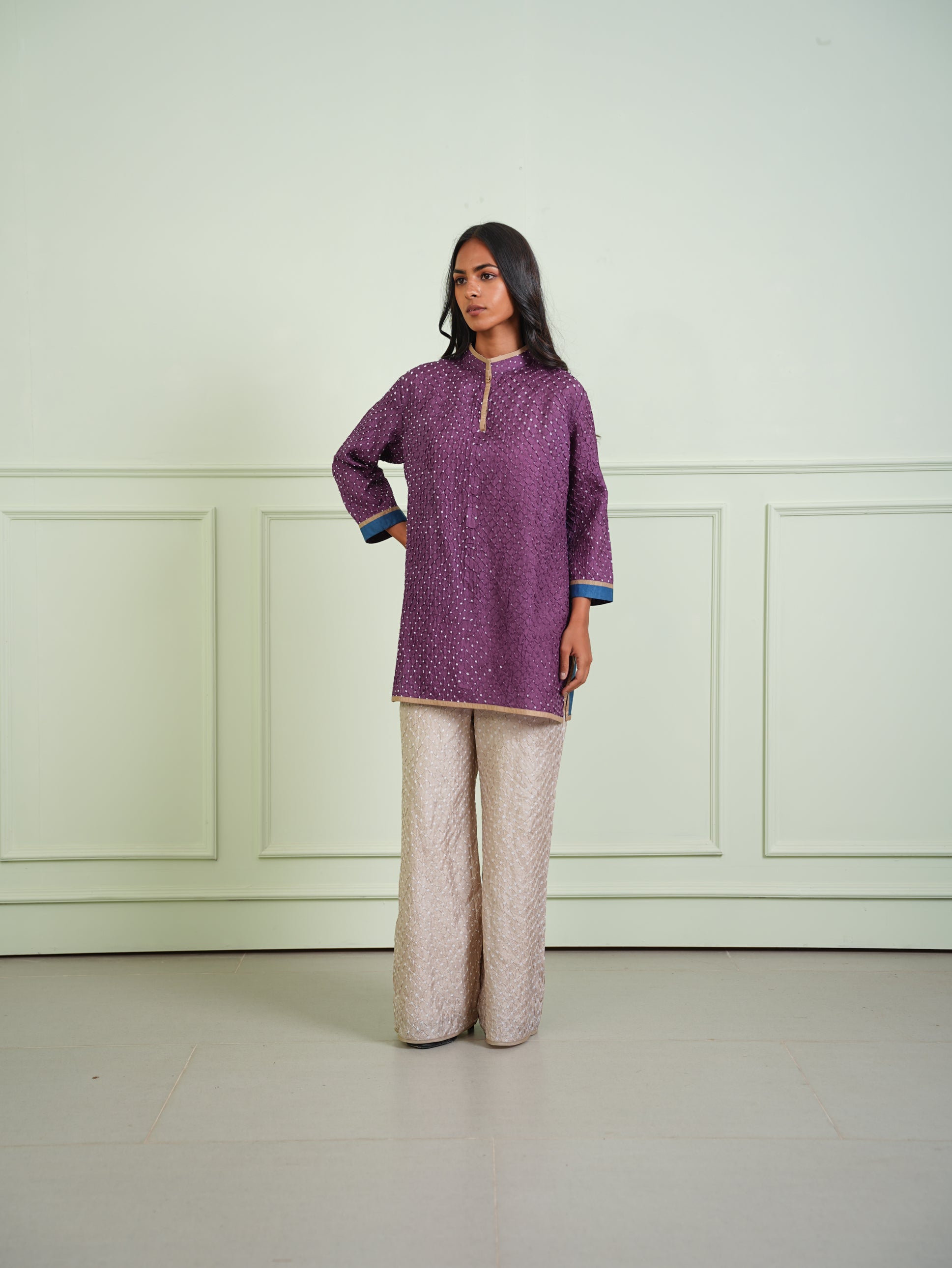 CRUSHED BANDHANI COLOR BLOCK KURTA SHIRT