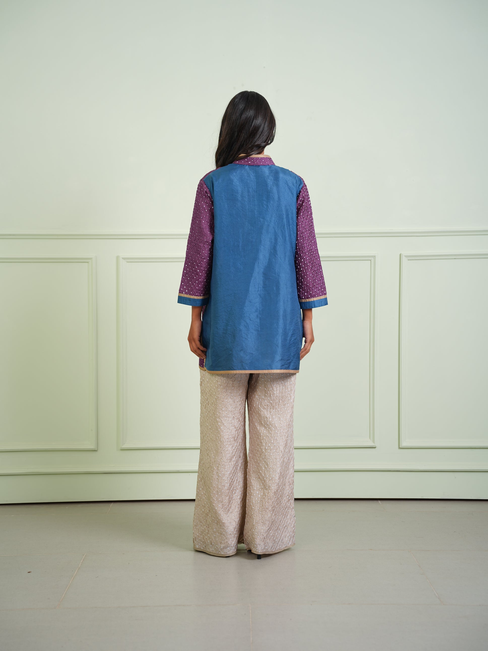 CRUSHED BANDHANI COLOR BLOCK KURTA SHIRT