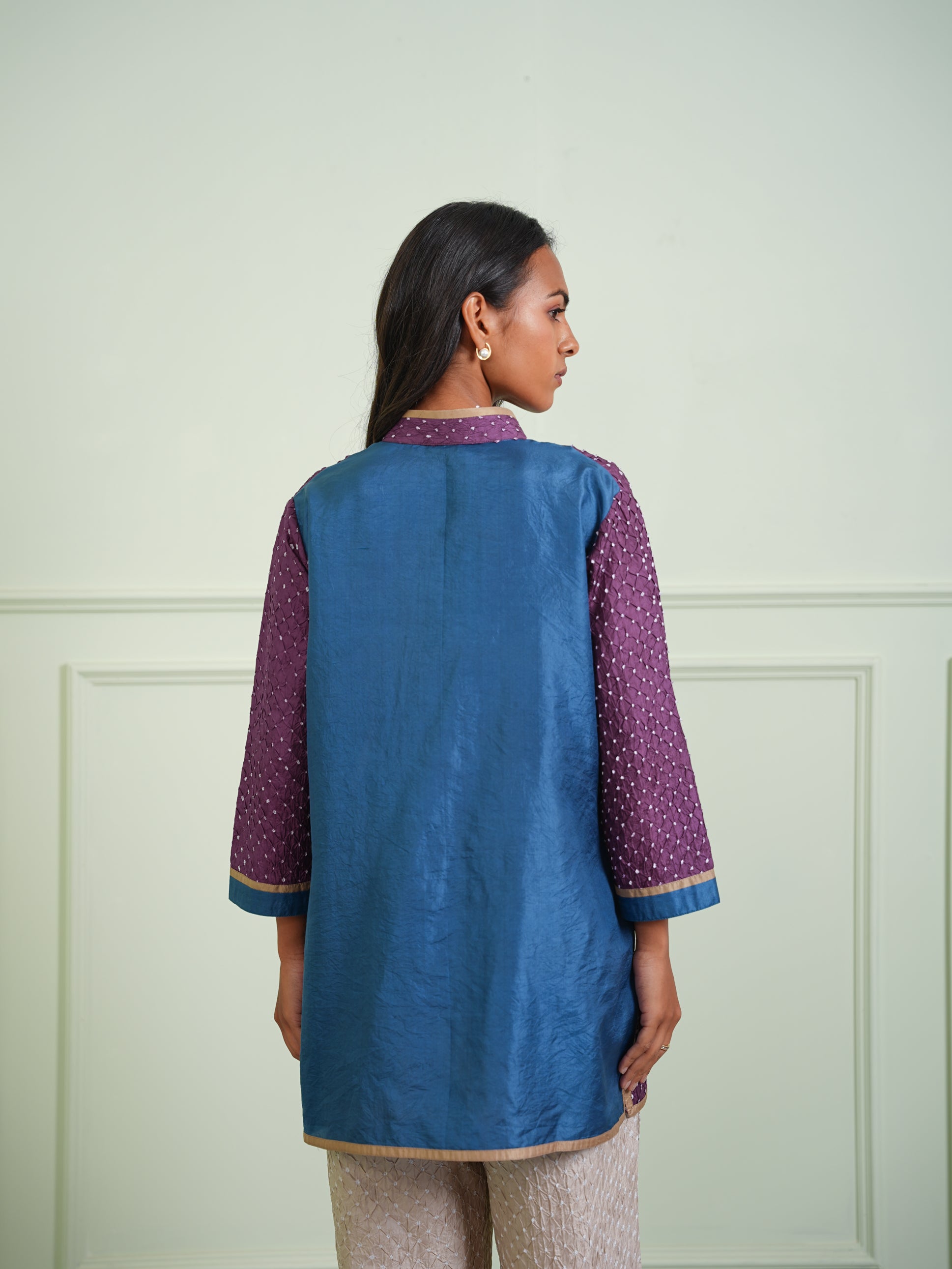 CRUSHED BANDHANI COLOR BLOCK KURTA SHIRT