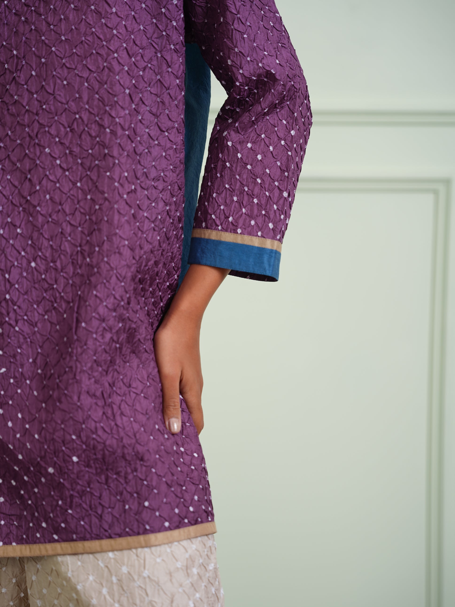 CRUSHED BANDHANI COLOR BLOCK KURTA SHIRT