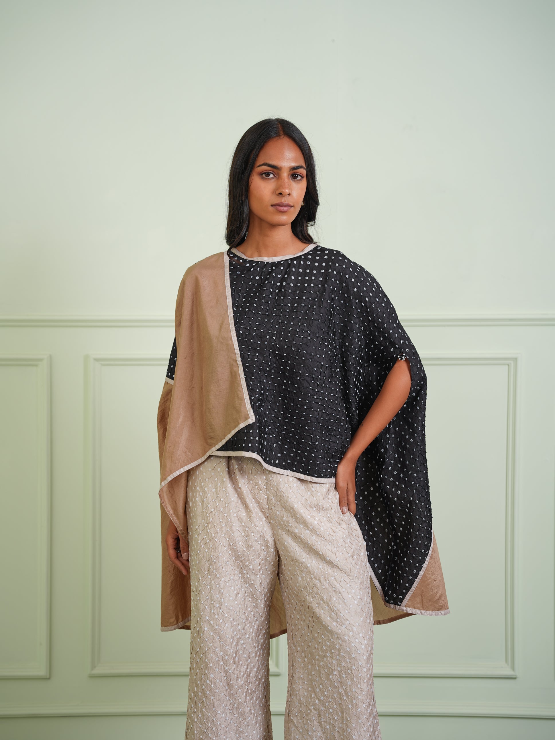 CRUSHED BANDHANI COLOR BLOCK ASYM CAPE TOP