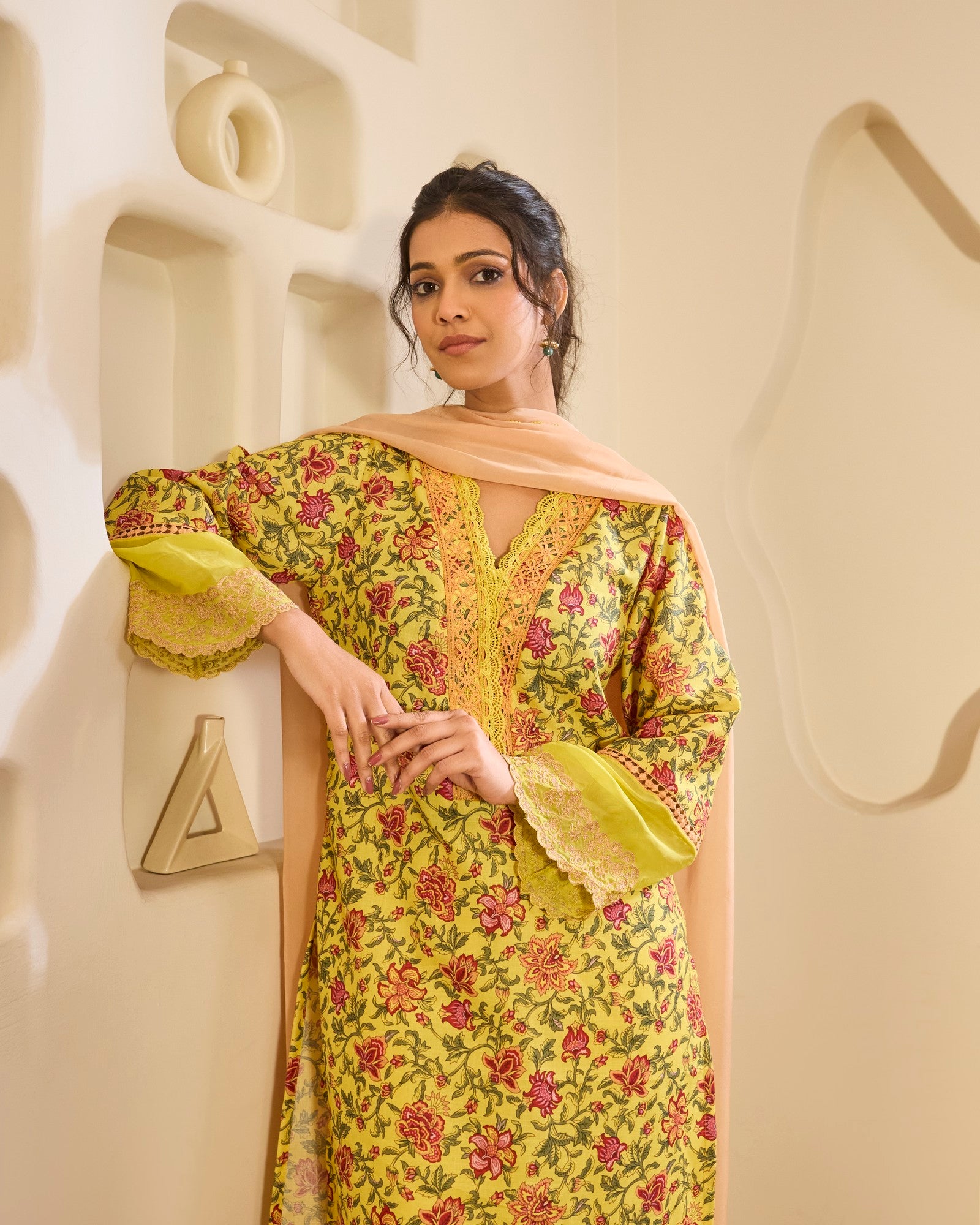 Dahlia Yellow Embroidered Cotton Kurta with Narrow Pants