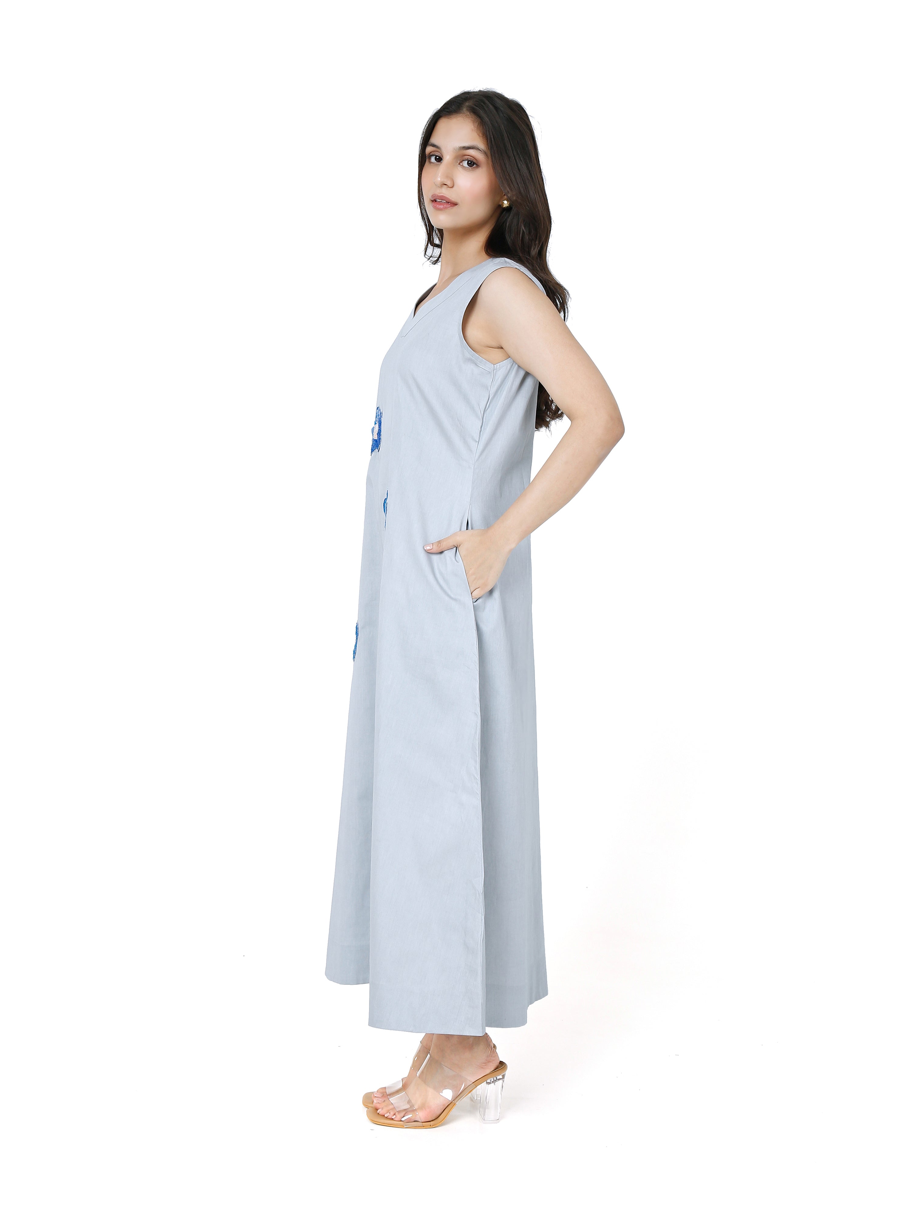 Steel Grey Sleeveless Cotton Dress for Urban Picnics