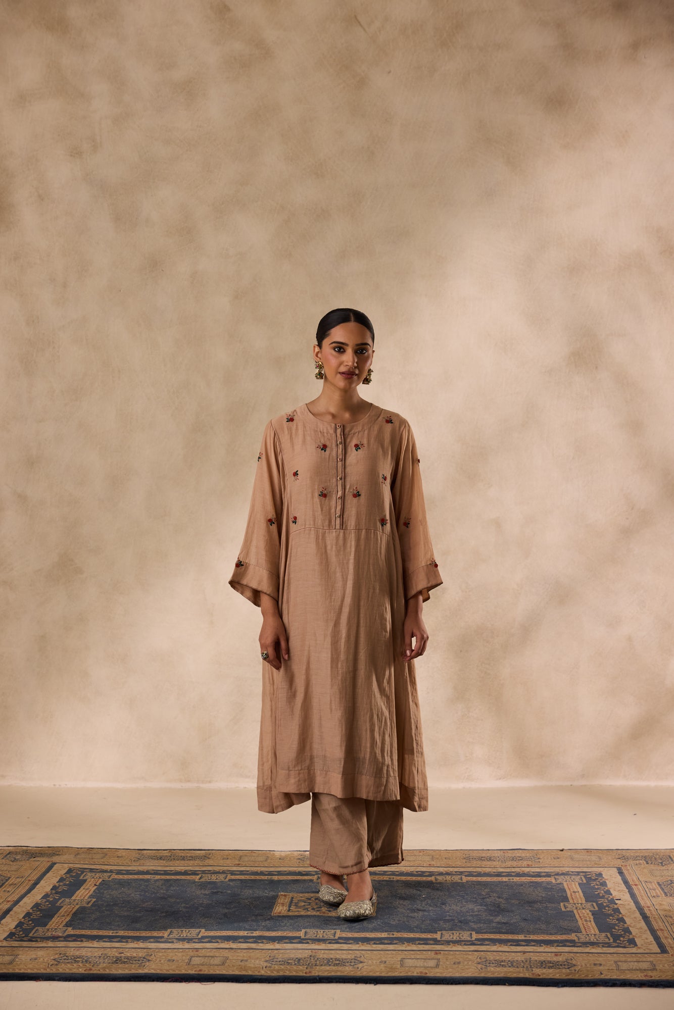 Champagne chanderi  embroidered kurta paired with organic cotton slip, pant & organza dupatta
