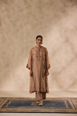 Champagne chanderi  embroidered kurta paired with organic cotton slip, pant & organza dupatta