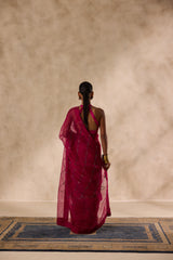 Wine organza jaal embroidred saree comes with unstitched & unembroidered blouse fabric in chanderi