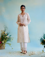 Gold Zari Crushed Stripe Tissue Kurta with Narrow Pants