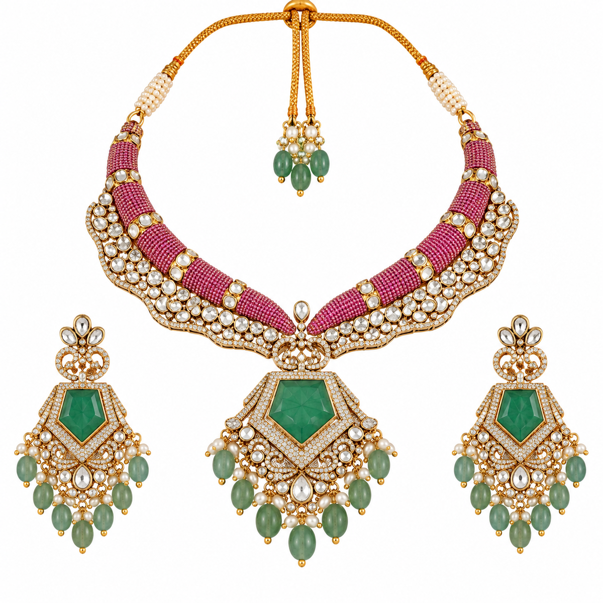 Emerald Pearl Statement Necklace Set 06