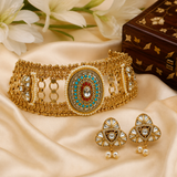 Multicoloured Handcrafted Jadau Kundan Choker Set with Pearl Accents