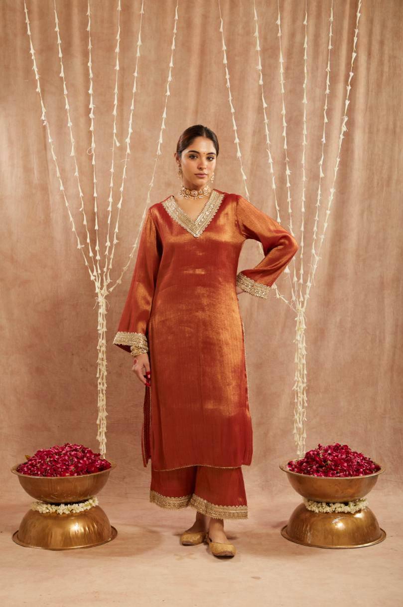 Rust Sequins Gota Tissue Kurta with 
Wide Leg Pants