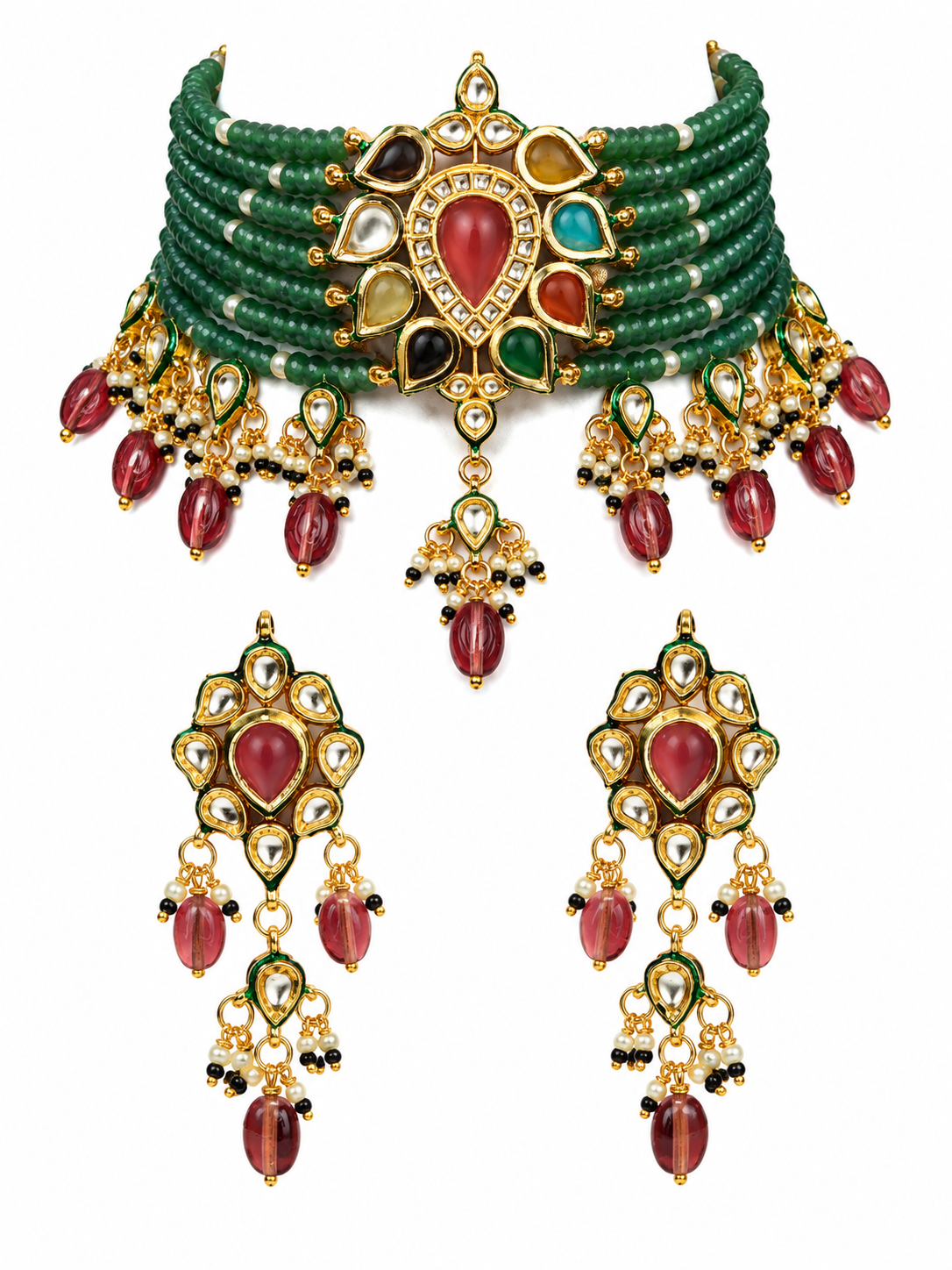 Kundan Sage Green Beaded Choker Earring Set
