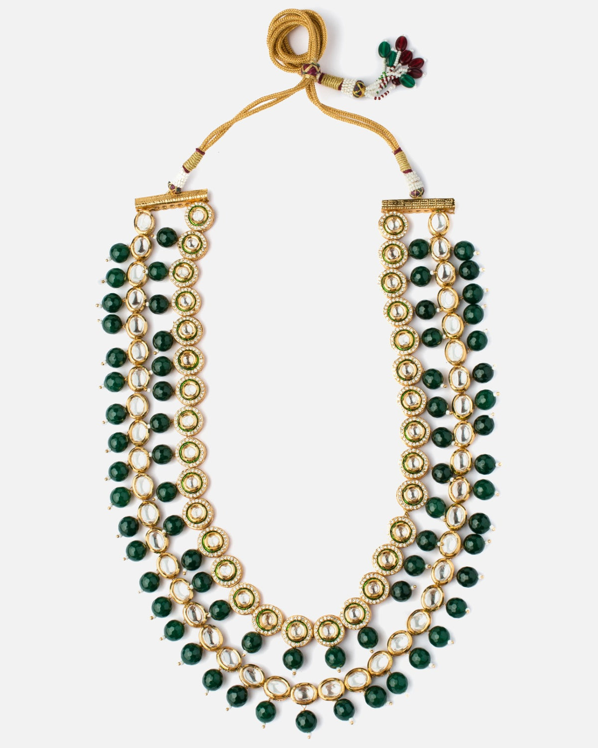 Gold Finish Kundan Polki & Green Beaded Layered mala