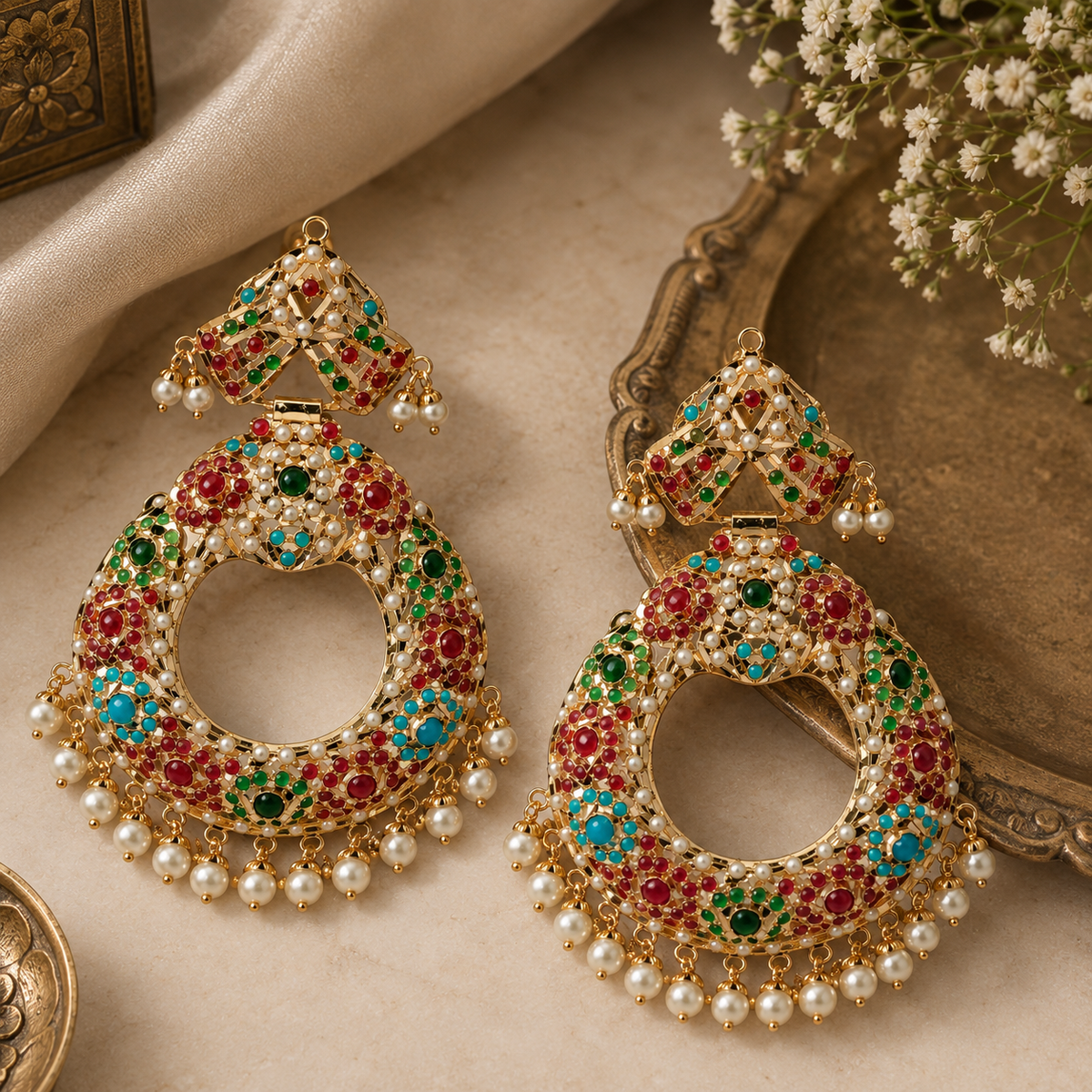 Multicolour Jadau Pearl Chandbali Earrings