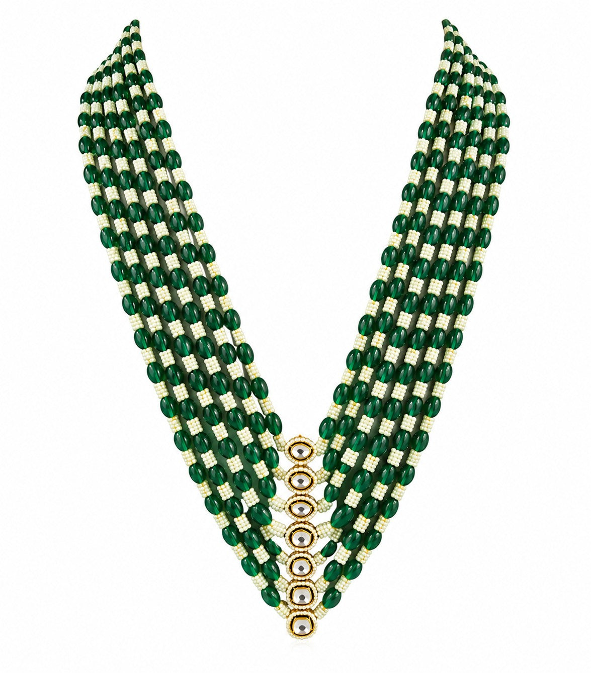 Layered Green Beaded Pearl Kundan Mala