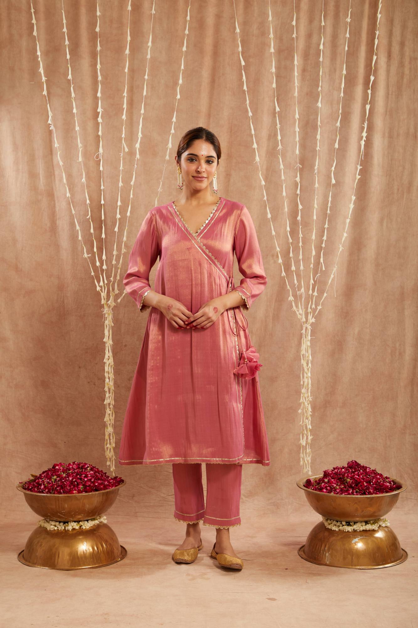 Pink Scallop Tissue Angrakha with 
Narrow Pants