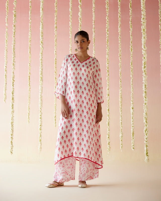 Raspberry  A-Line Long Kurta with Wide Leg Pants- Set of 2