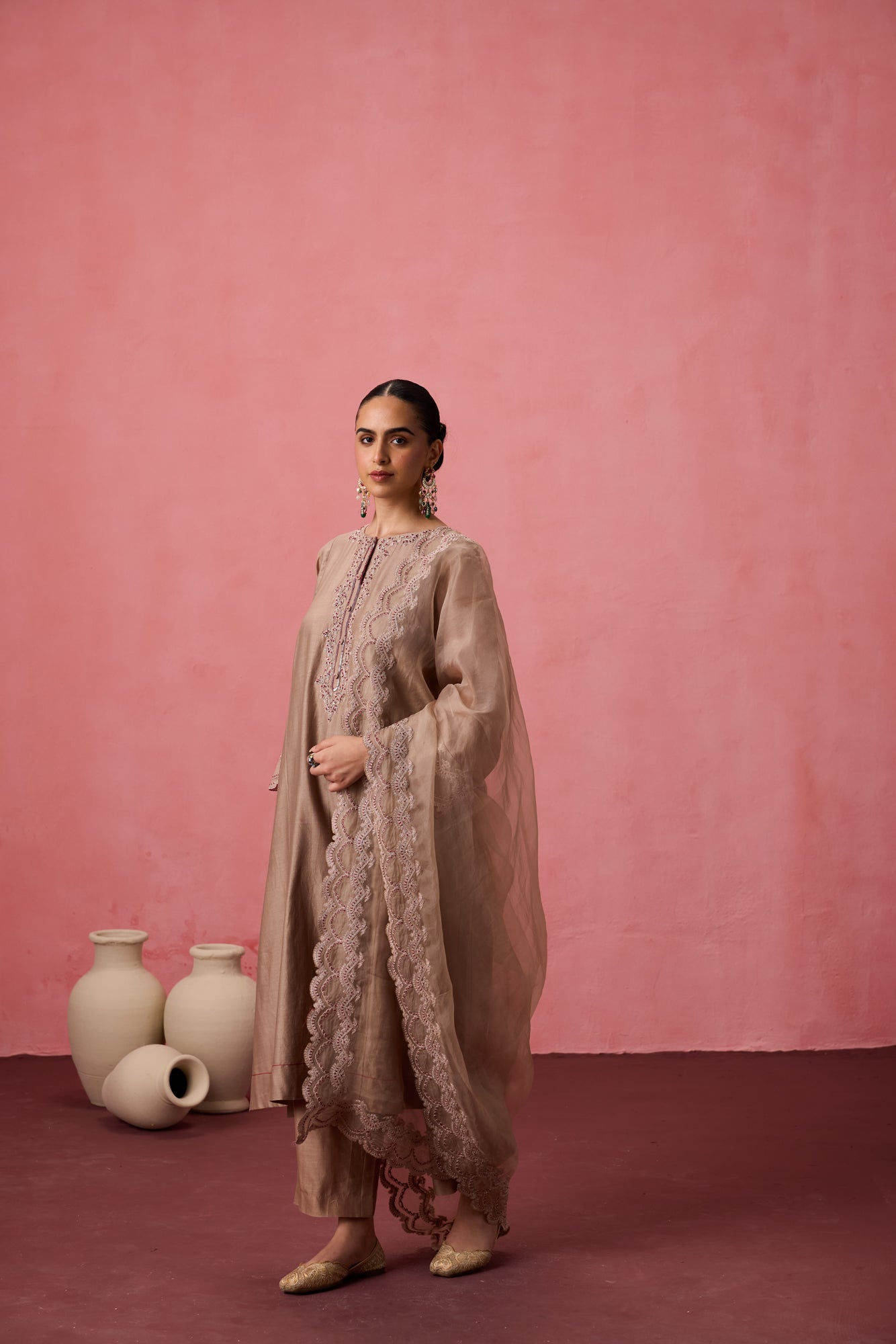 Champagne chanderi dori work  and resham embroidered kurta paired with pant & organza dupatta