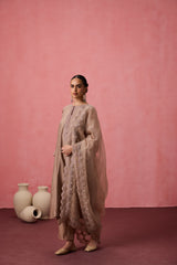 Champagne chanderi dori work  and resham embroidered kurta paired with pant & organza dupatta