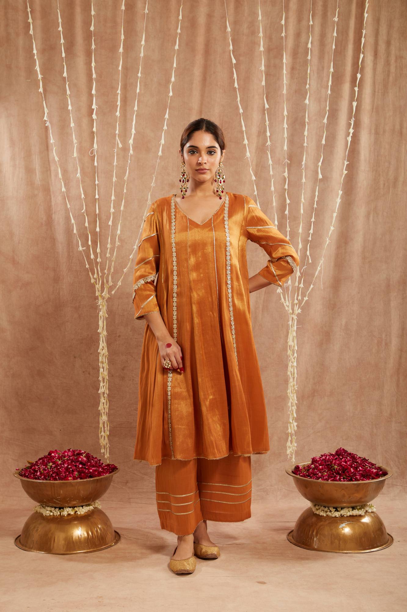 Amber Floral Gota Tissue Anarkali with Wide Leg Pants