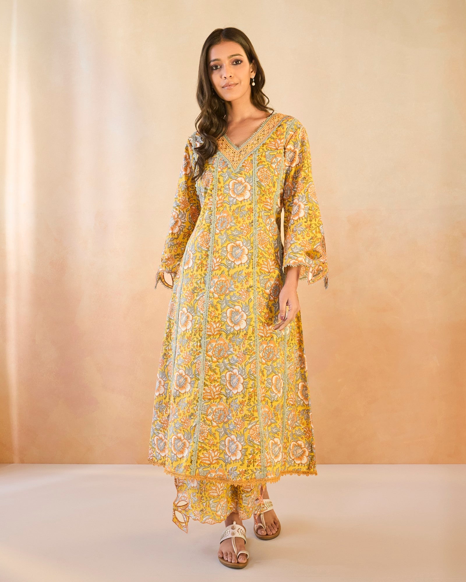 Sunflower Chintz Cutwork Cotton Kurta with Wide Leg Pants