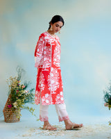 Hibiscus Floral Cotton Linen Kurta with Lace Detailing and Embroidered Sleeves