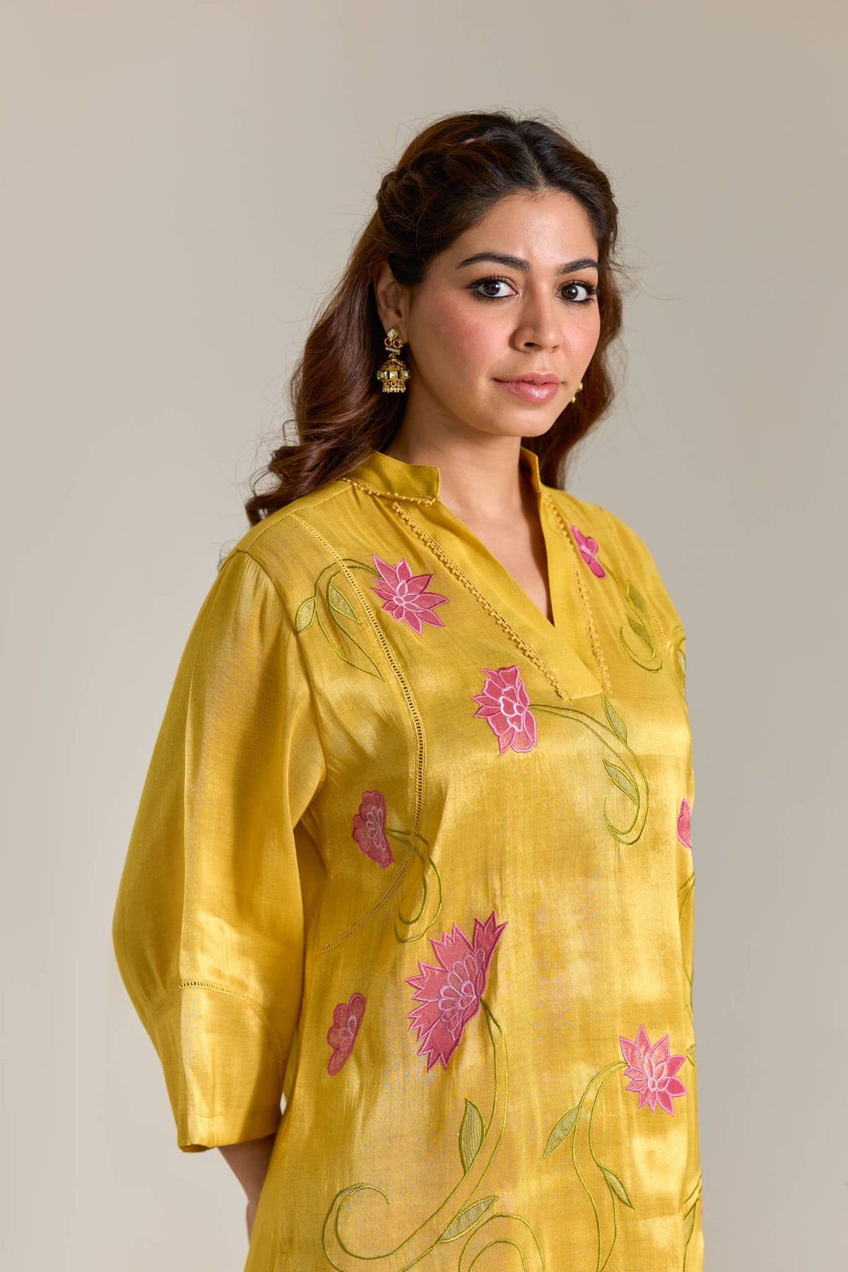 Fuschia Yellow Applique Embroidered Tissue Kurta Set - Set of 2