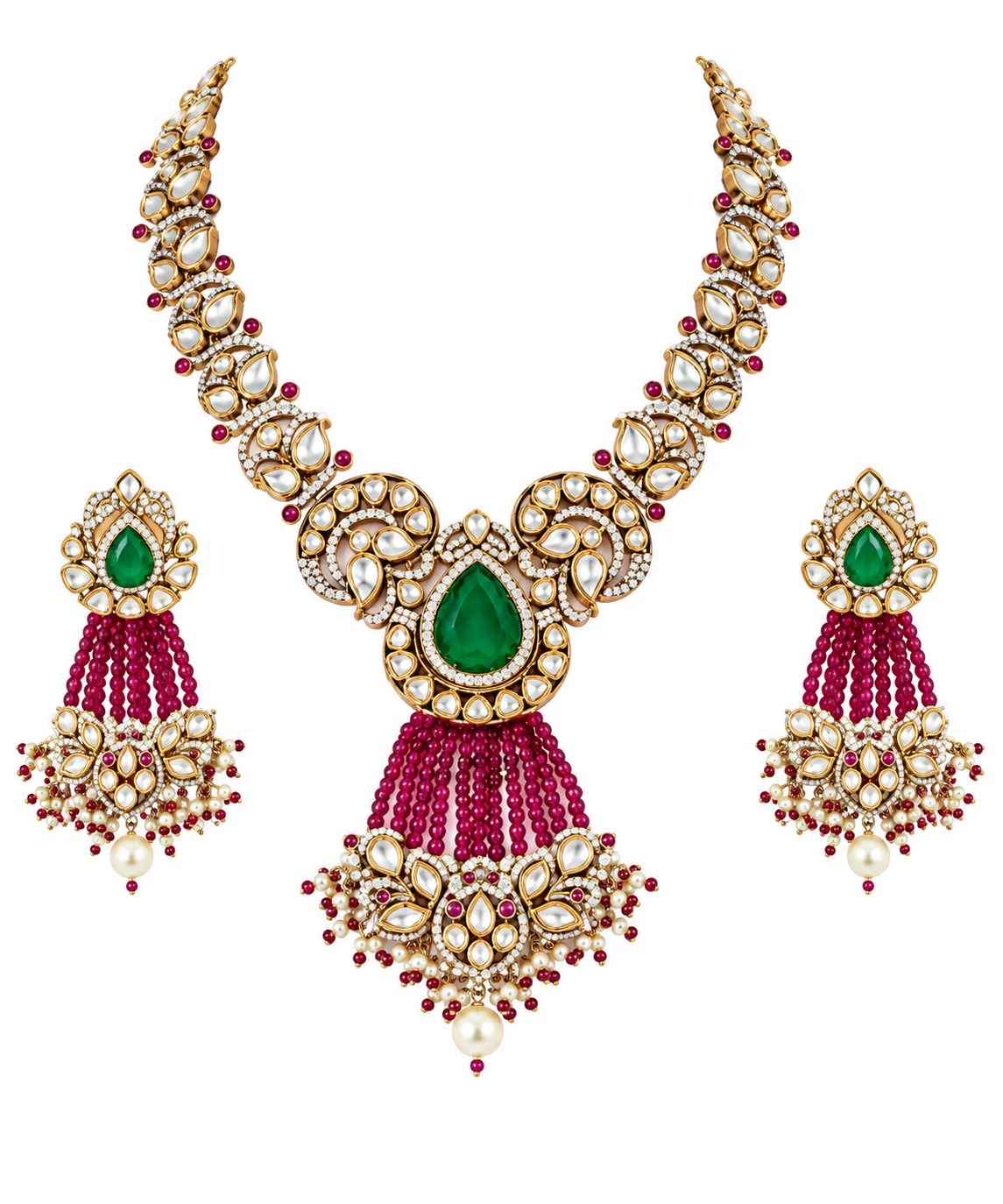 Emerald Moissanite Polki Necklace Set