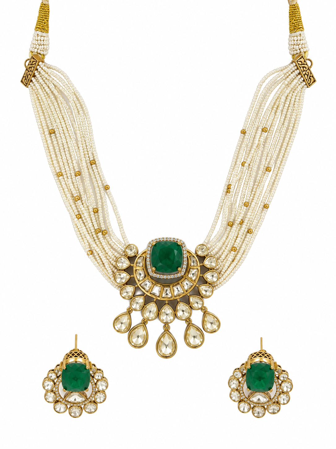 Emerald Pearl Moissanite Polki Choker Set