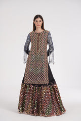 Matte black kurta skirt set embroidered using warm Pastels