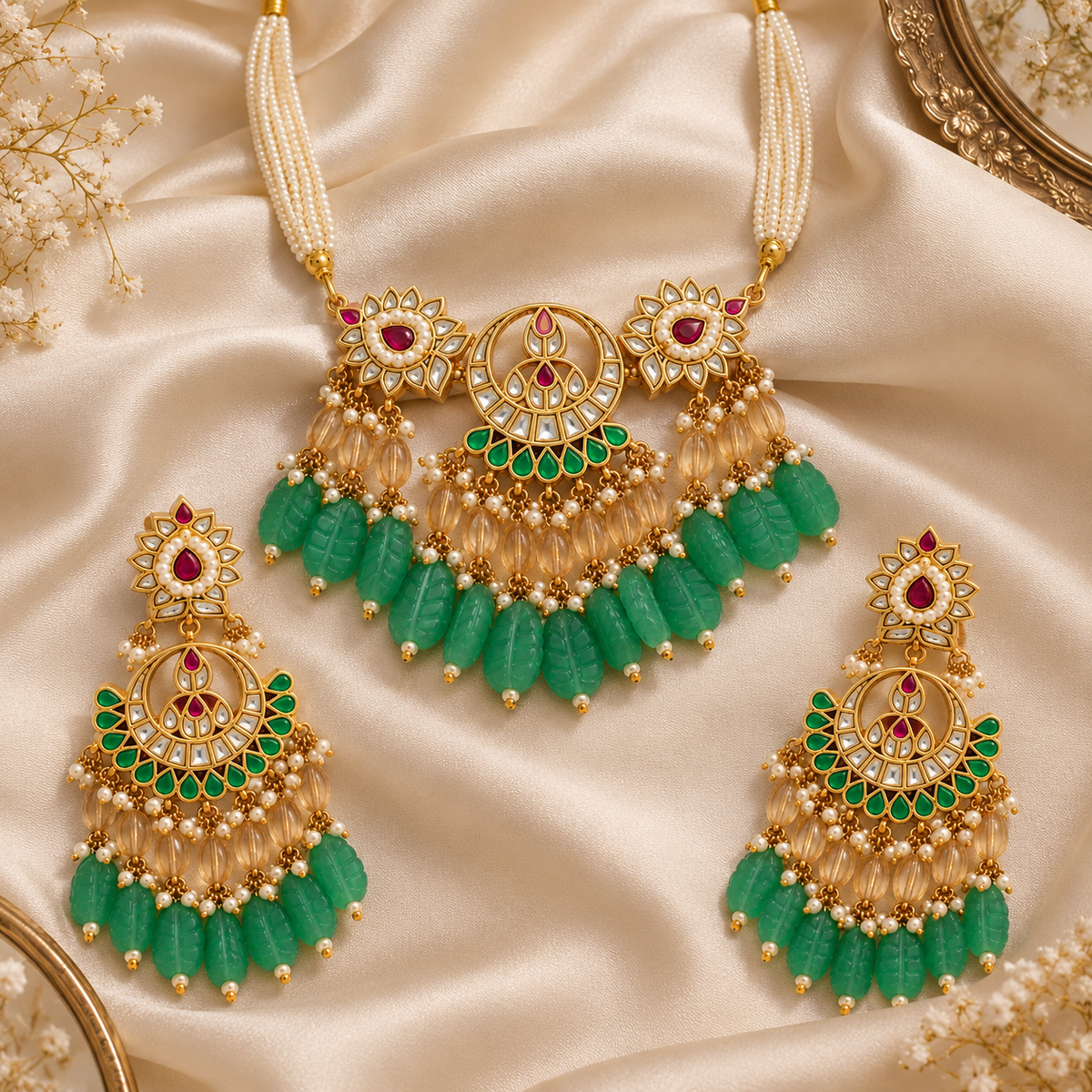 Emerald Carved Beaded Kundan Necklace Set 29