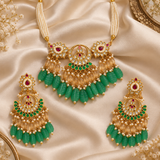 Emerald Carved Beaded Kundan Necklace Set 29