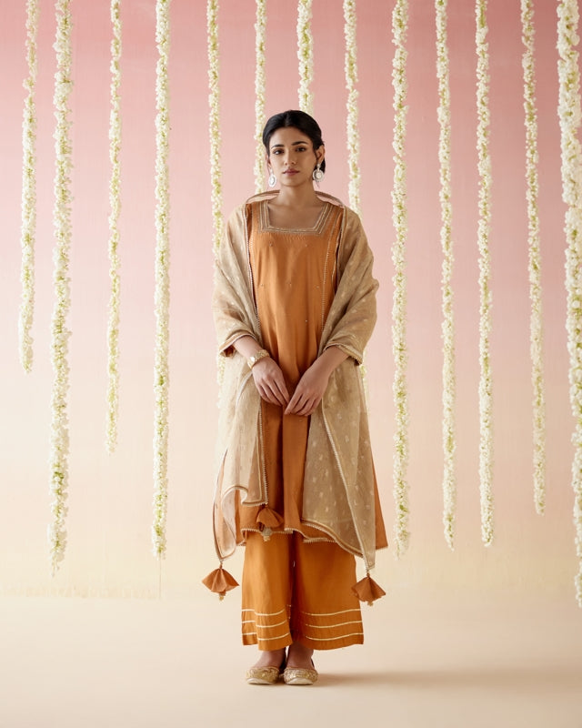 Dahlia Rust Gota Anarkali with 
Wide Leg Pants & Dupatta - Set of 3