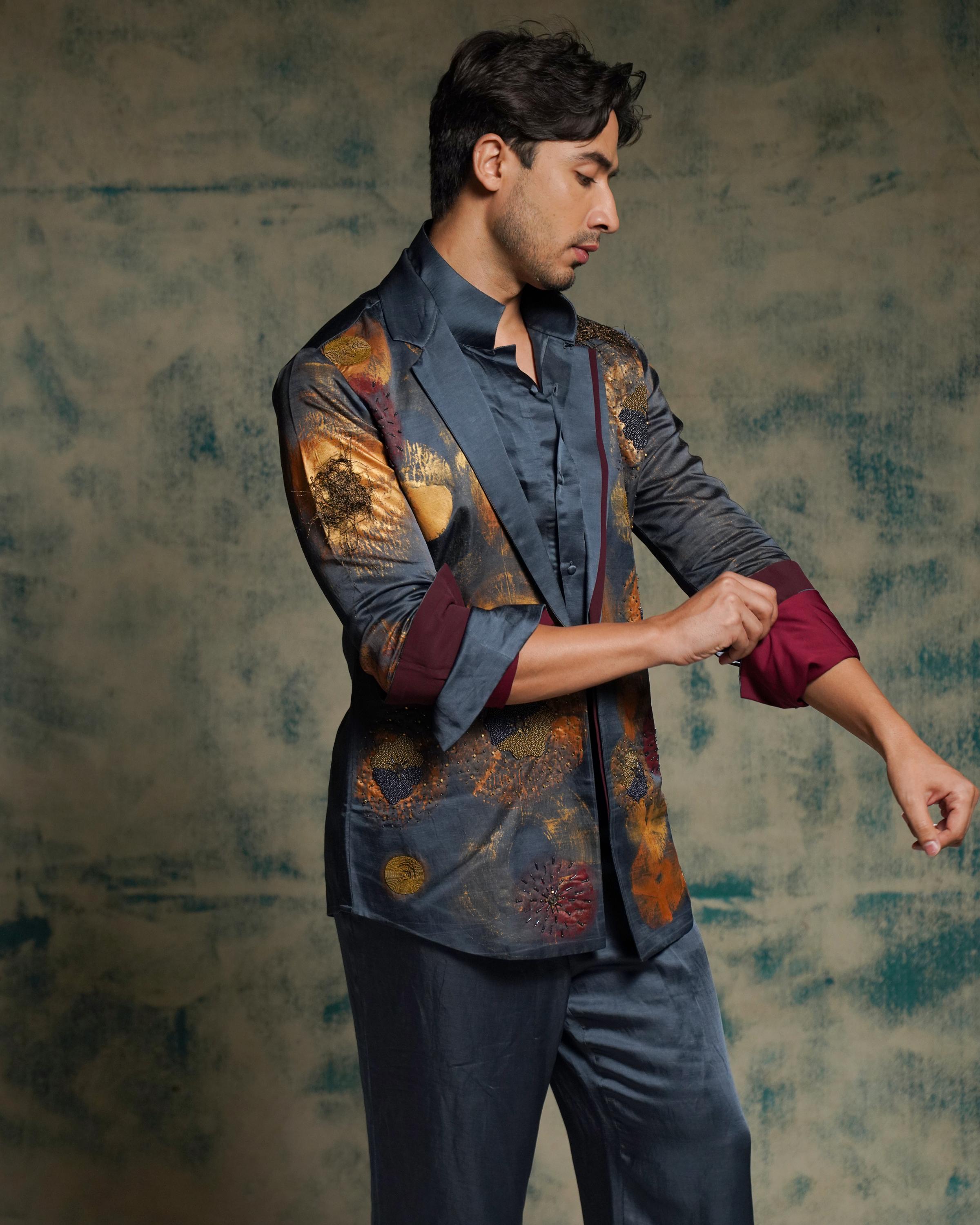 Charcoal Blue Hand painted concept blazer set