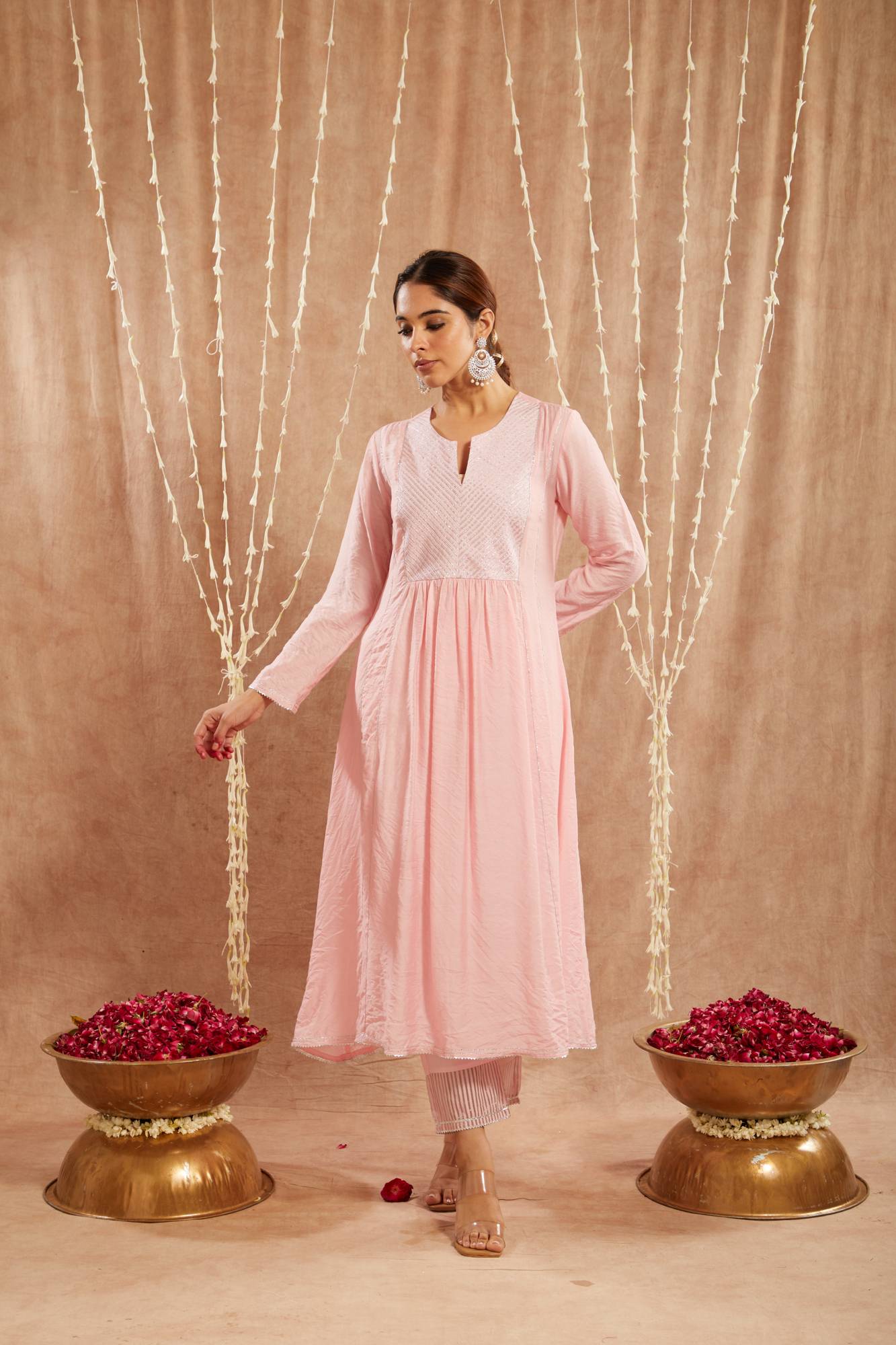 Pink Diagonal Yoke Kurta with Narrow Pants